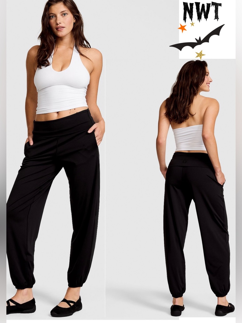 PINK Victoria's Secret Relay Foldover Jogger Pants Black Medium NWT